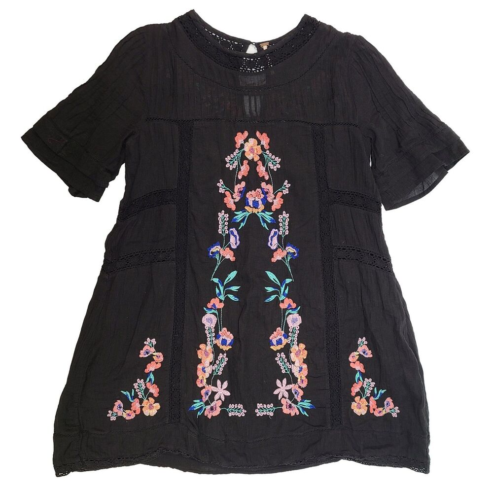 Free People Black Lace Trim Mini Dress Ruffle Short Sleeve Boho Size Medium